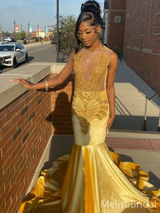 Sexy V-neck Gold Mermaid Long Formal Dress to Impress,MB11063
