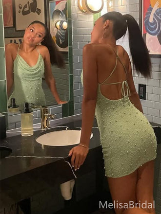 Popular Green Spaghetti Straps Short Party Dress Short Homecoming Dress, HD504