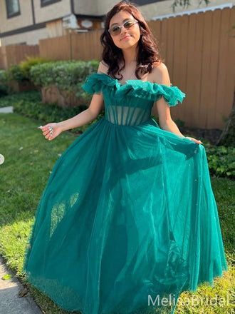 Elegant Green Off-shoulder A-line Long Formal Dress to Impress,MB11053