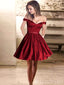 Red A-Line Off-Shoulder Short Satin Cheap Beaded Homecoming Dresses With Pockets,HD04