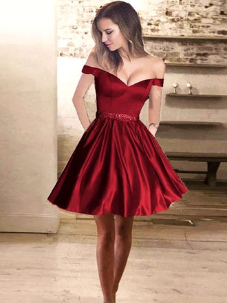 Red A-Line Off-Shoulder Short Satin Cheap Beaded Homecoming Dresses With Pockets,HD04