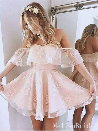 A-Line Off-Shoulder Short Blush Pink Lace Cheap Homecoming Dresses Online,HD05
