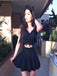 Two Piece V-Neck Short Black Satin Homecoming Dresses With Lace Applique,HD06