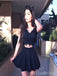 Two Piece V-Neck Short Black Satin Homecoming Dresses With Lace Applique,HD06