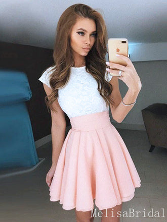 A-Line Jewel Open Back Pink Chiffon Short Cheap Homecoming Dresses With Lace,HD08