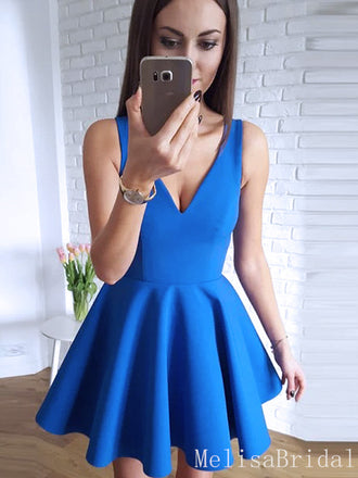 Simple A-Line V-Neck Short Royal Blue Short Cheap Homecoming Dresses,HD09