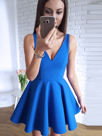 Simple A-Line V-Neck Short Royal Blue Short Cheap Homecoming Dresses,HD09