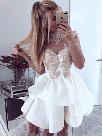 A-Line Crew Neck Cap Sleeves Gold Lace Appliques Homecoming Dresses,HD10