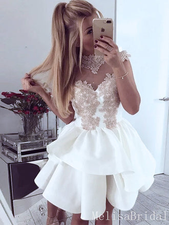 A-Line Crew Neck Cap Sleeves Gold Lace Appliques Homecoming Dresses,HD10