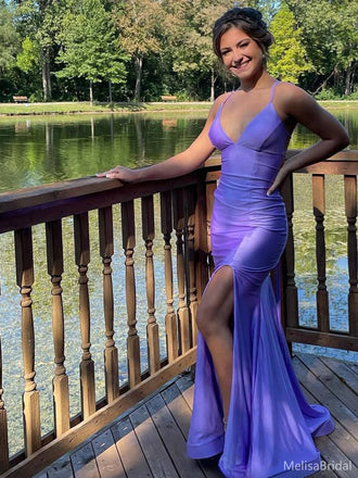 Popular Purple Mermaid V-neck Spaghetti Strap Long Formal Gown to Impress  ,MB11009