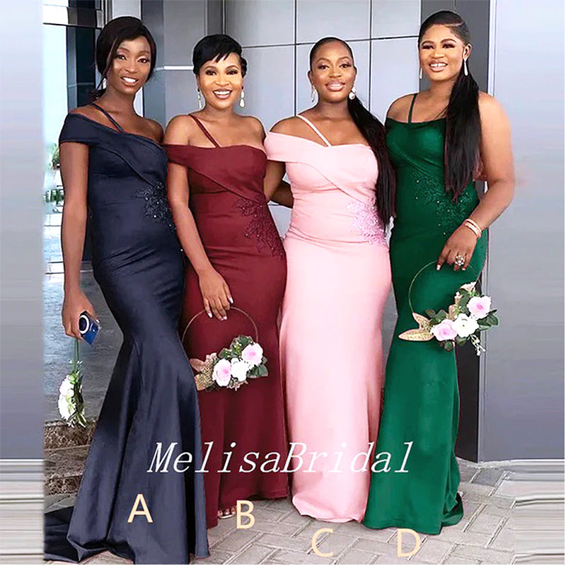 Colorful One Shoulder Appliques Beading Maxi Long Bridesmaid Dresses,BD07