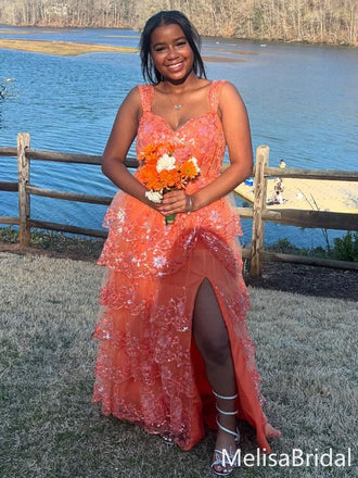 Sparkly Orange Spaghetti Straps A-line Long Formal Dress to Impress,MB11125