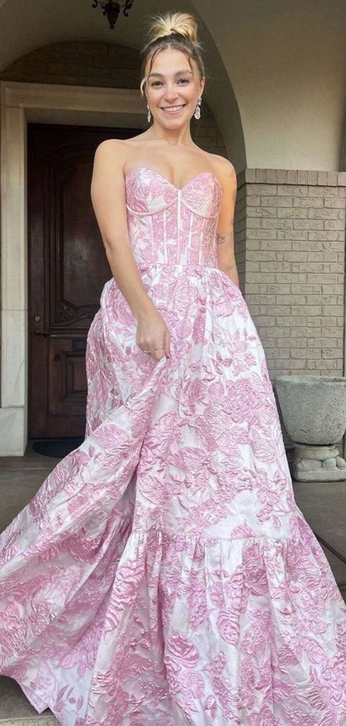 Floral Pink Strapless  Sweetheart A-line Long Prom Gown  ,MB10991