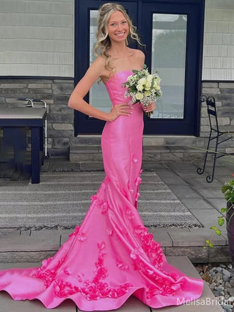 Floral Pink Strapless Mermdaid Long Prom Gown  ,MB10995