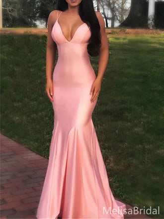 Sexy Pink Spaghetti Strap V-neck Mermaid Long Prom Gown  ,MB11000