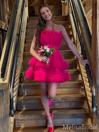 Cute Pink A-line Tiered Short Party Dress Short Homecoming Dress, HD481