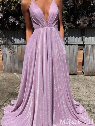 Elegant Purple A-line V-neck Spaghetti Strap Long Prom Dress to Impress  ,MB11004