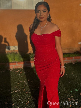 Elegant Red Off-shoulder Slit Long Formal Dress to Impress,MB11120