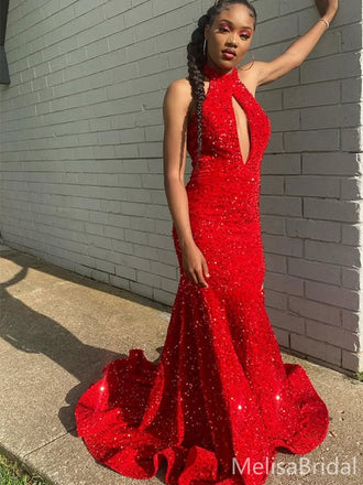 Sparkly Red High-neck Mermaid Long Formal Dress to Impress,MB11164