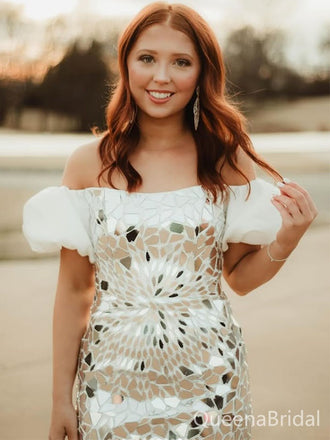 Sparkly White Off-shoulder Short Party Dress Short Homecoming Dress, HD511