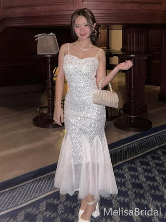 Sparkly White Spaghetti Straps Sweetheart Mermaid Long Formal Dress to Impress,MB11051