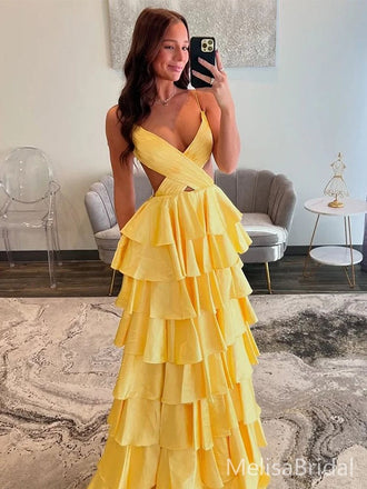 Sexy Yellow A-line V-neck Long Formal Dress to Impress,MB11028