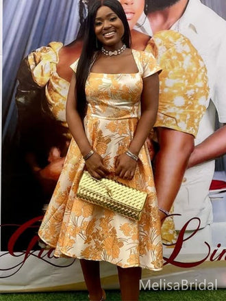 Elegant Yellow Short Sleeve  A-line Long Formal Dress to Impress,MB11050