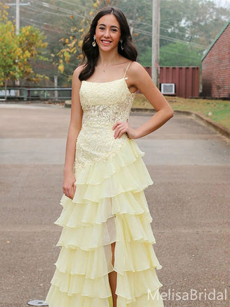 Elegant Yellow Spaghetti Strap A-line Long Prom Gown  ,MB10998