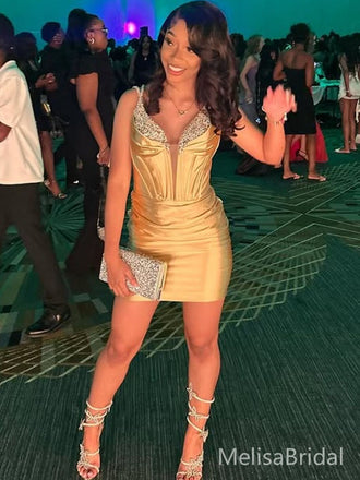 Sexy Yellow V-neck Short Party Dress Short Homecoming Dress, HD497